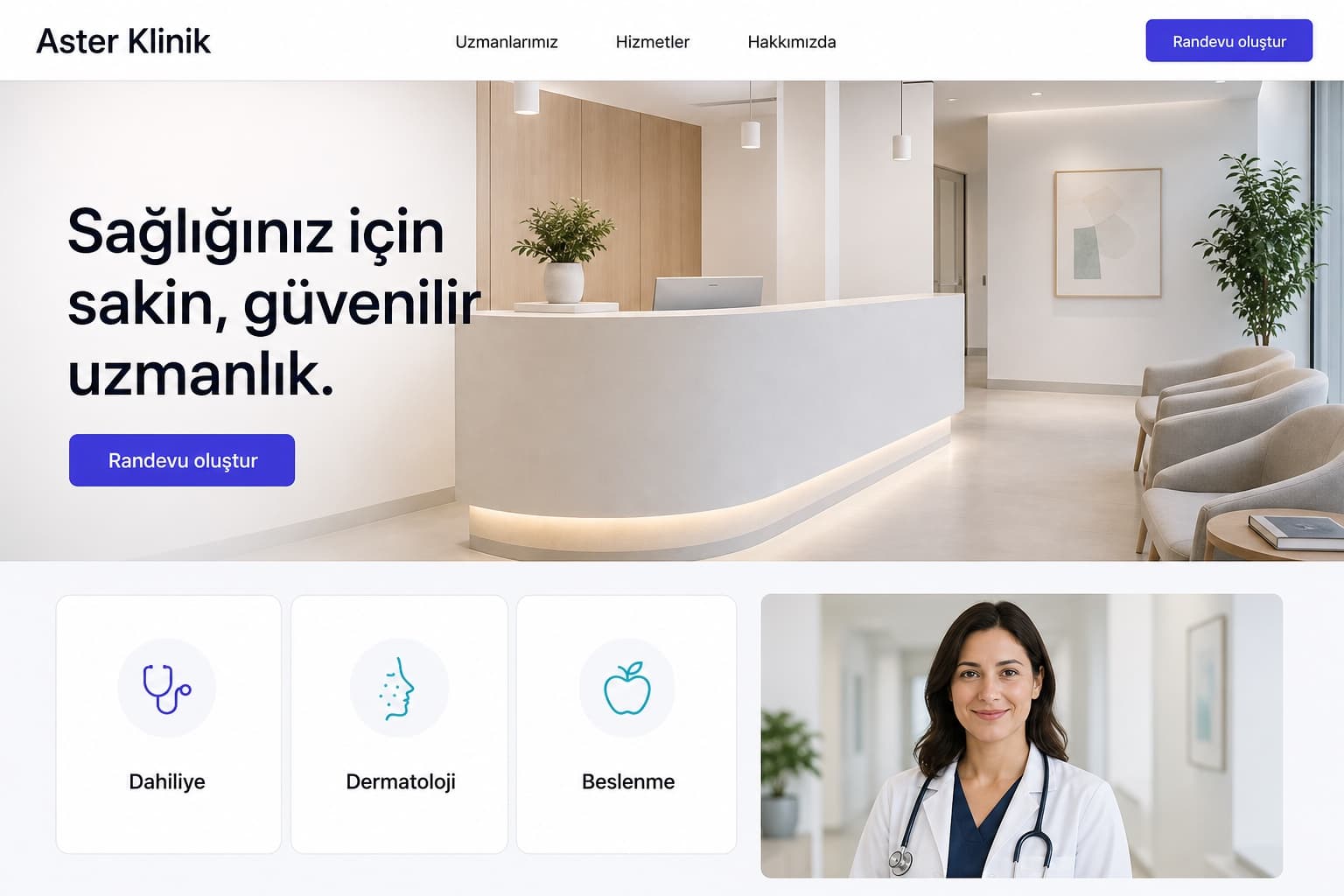 Aster Klinik için uzmanlık alanları ve randevu akışını gösteren masaüstü web sitesi konsepti