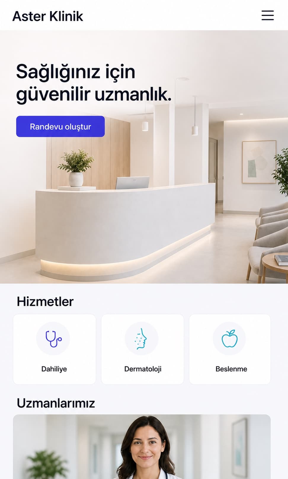 Aster Klinik için mobil randevu odaklı web sitesi konsepti