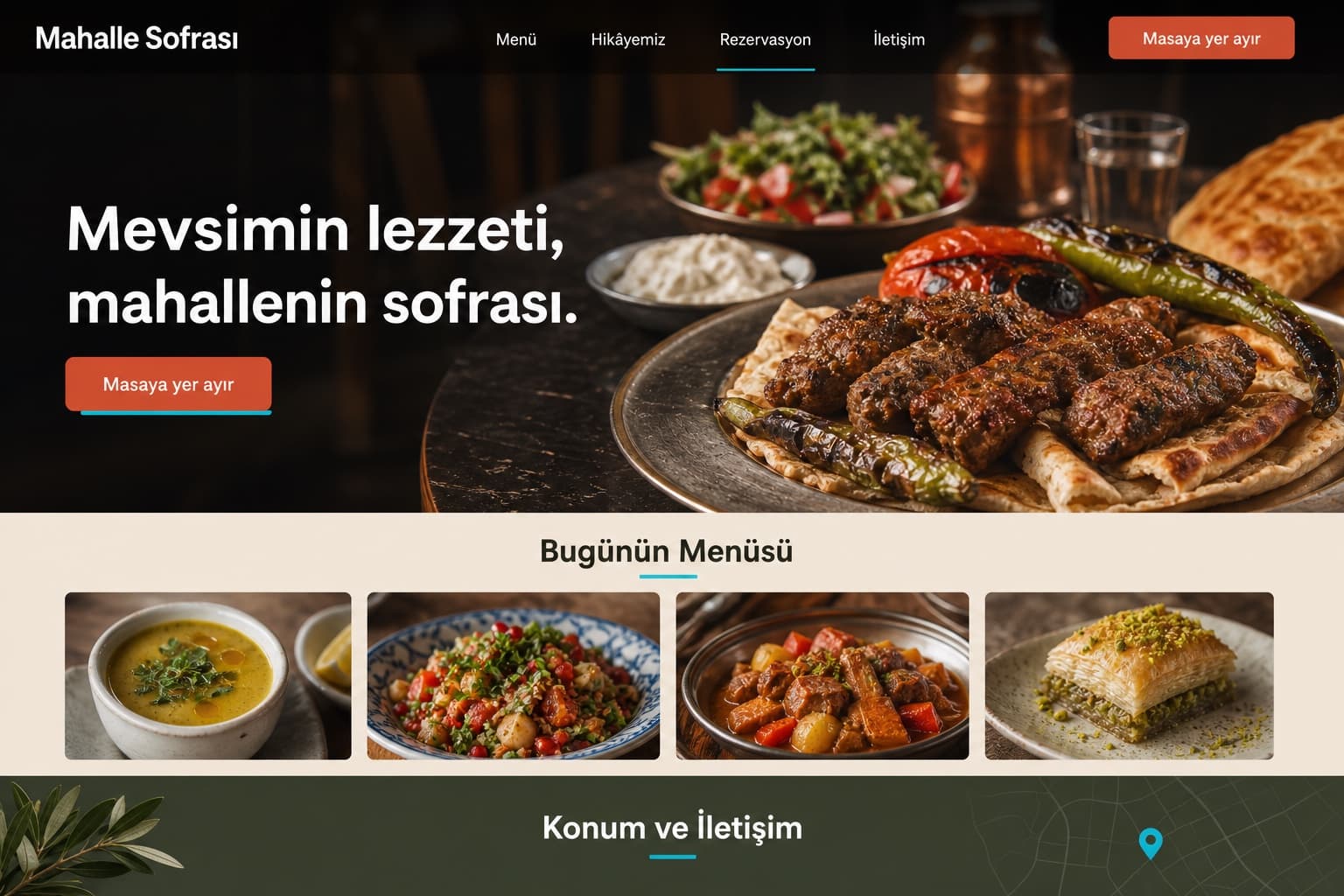 Mahalle Sofrası için menü, rezervasyon ve konum akışını gösteren masaüstü restoran sitesi konsepti